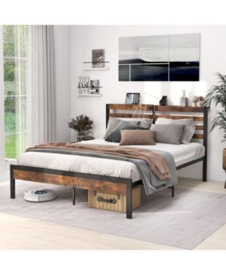 Full Size Bed Frame with Charging Station and Storage Headboard