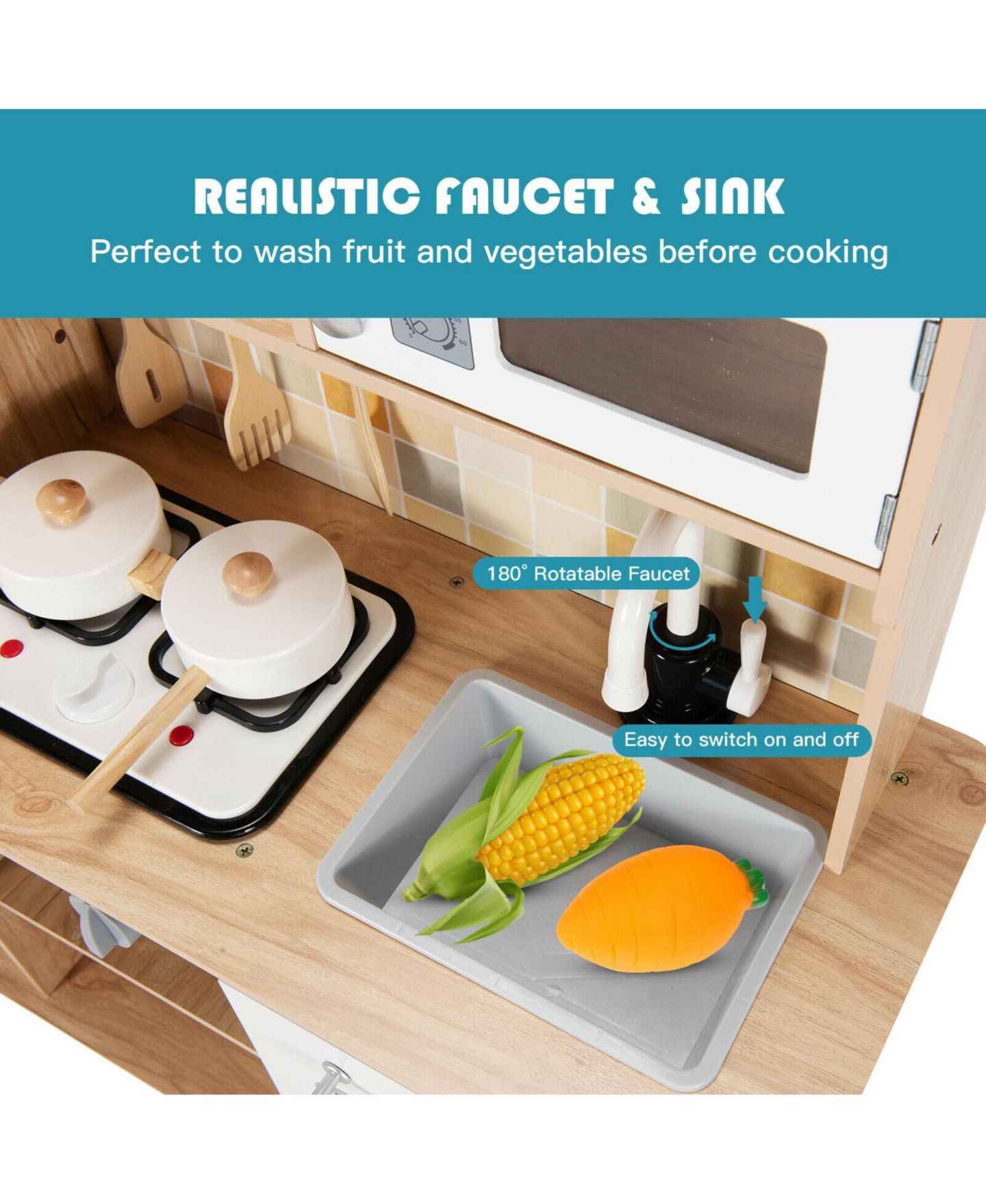 Детский игровой набор SUGIFT Light-Up Wooden Pretend Play Kitchen 6-Piece Playset, Ages 3+ — фото 9