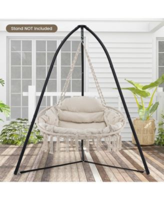 Hand-Woven Rope Hanging Chair with Thick Cushion and Folding Metal Frame
