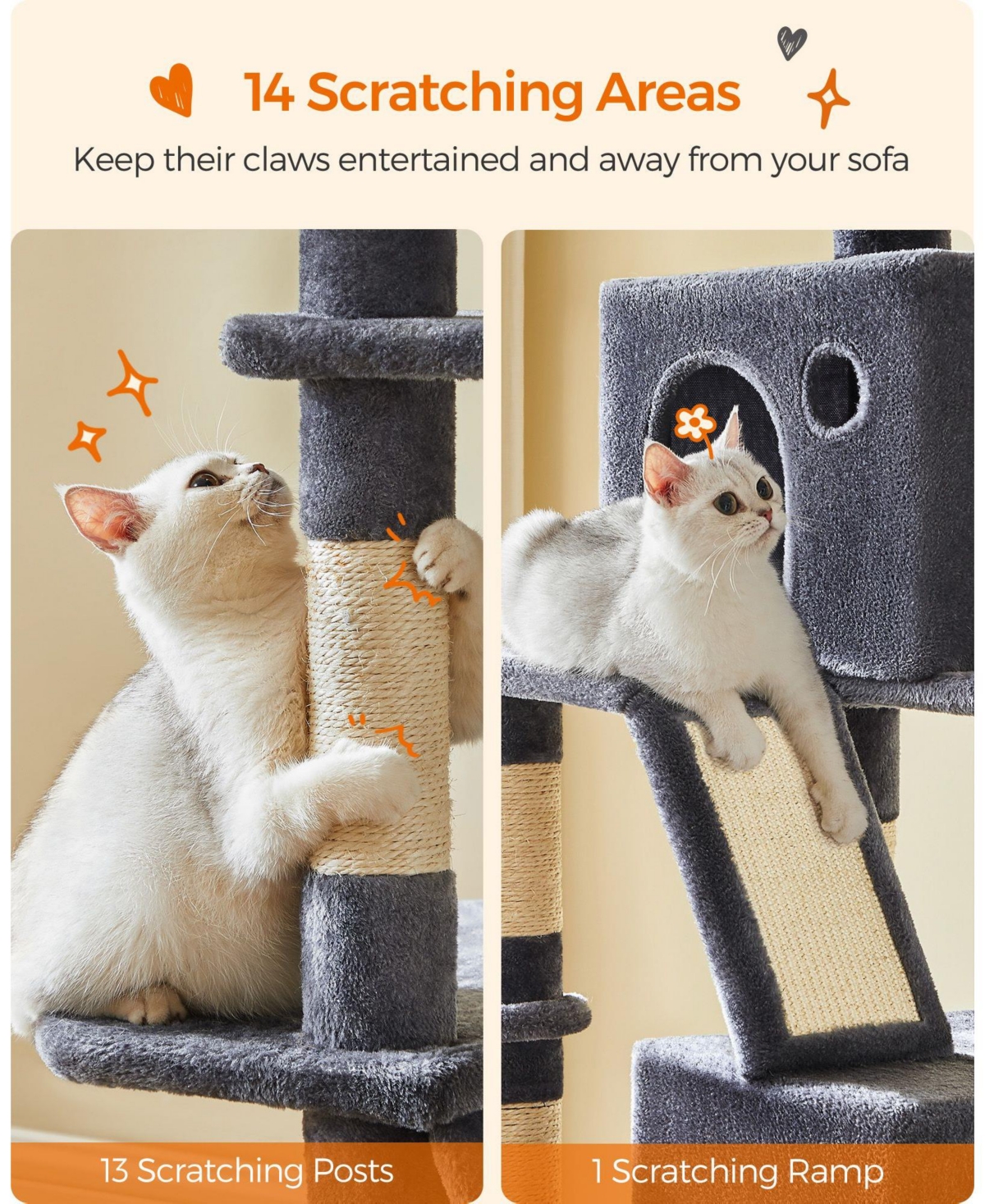 Slickblue 66.1-Inch Large Cat Tree Cat Tower with 13 Scratching Posts for Play and Climbing Fun