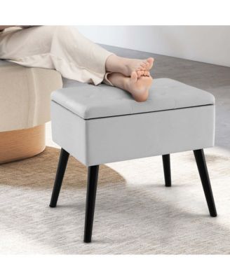 Velvet Vanity Stool Ottoman with Storage Solid Wood Legs Flip-Up Top for Entryway