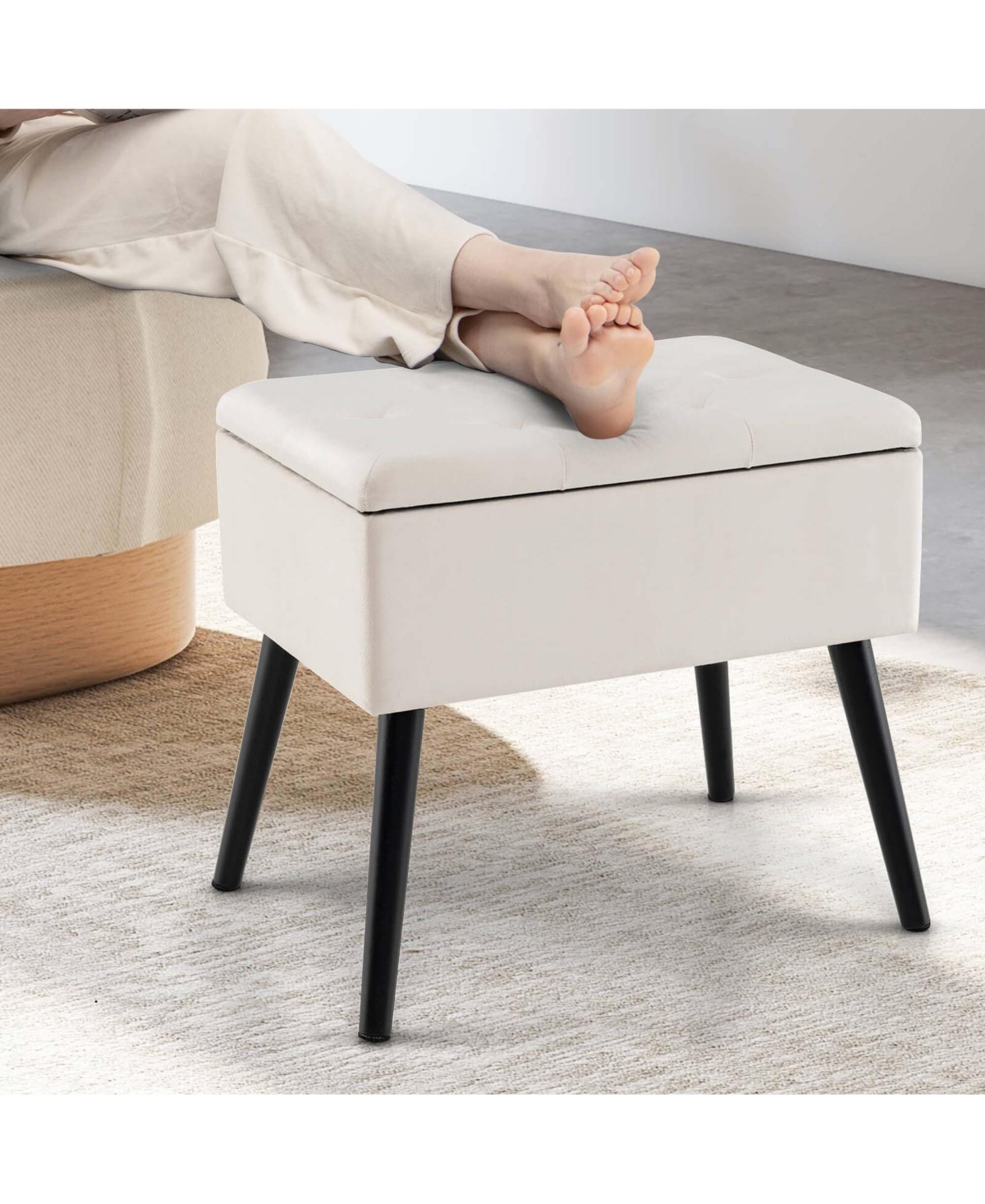 Costway Velvet Vanity Stool Ottoman with Storage Solid Wood Legs Flip-Up Top for Entryway -khaki