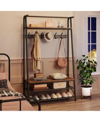Coat Rack Shoe Bench, 4-in-1 Hall Trees Entryway Bench with Coat Rack and Shoe Rack, Wood Look Accent Furniture with Steel Frame Storage Shelf and Hanging Bar, Industrial