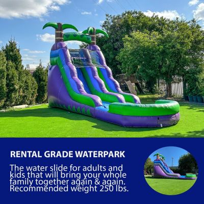 HeroKiddo 16  Purple Tropical Inflatable Water Slide with Attached Pool (No Blower Included), Commercial Grade, Wet Dry Use
