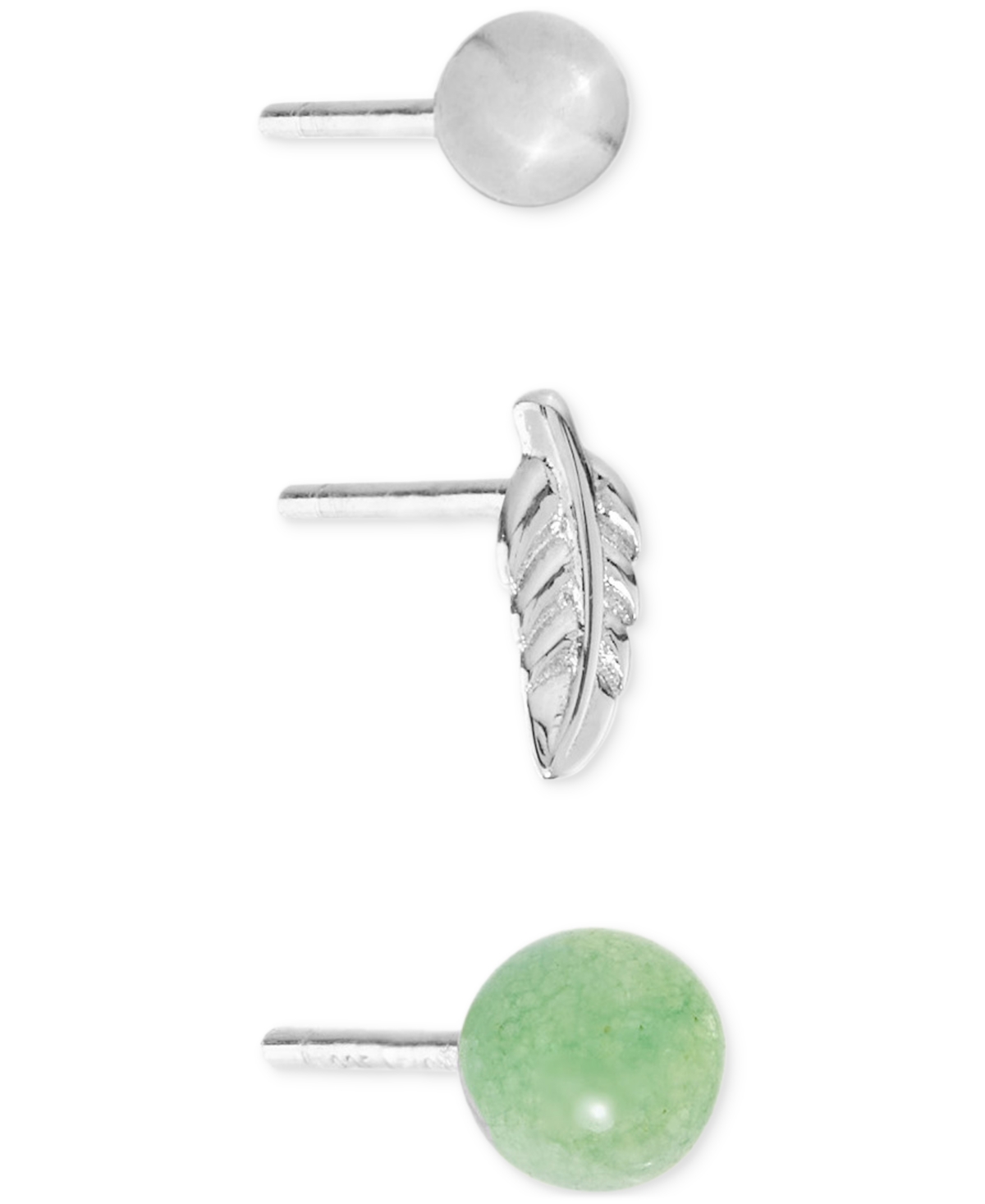 Macy's 3-pc. Set Green Aventurine, Polished Sphere & Feather Stud Earrings In Sterling Silver In Green Aventurine