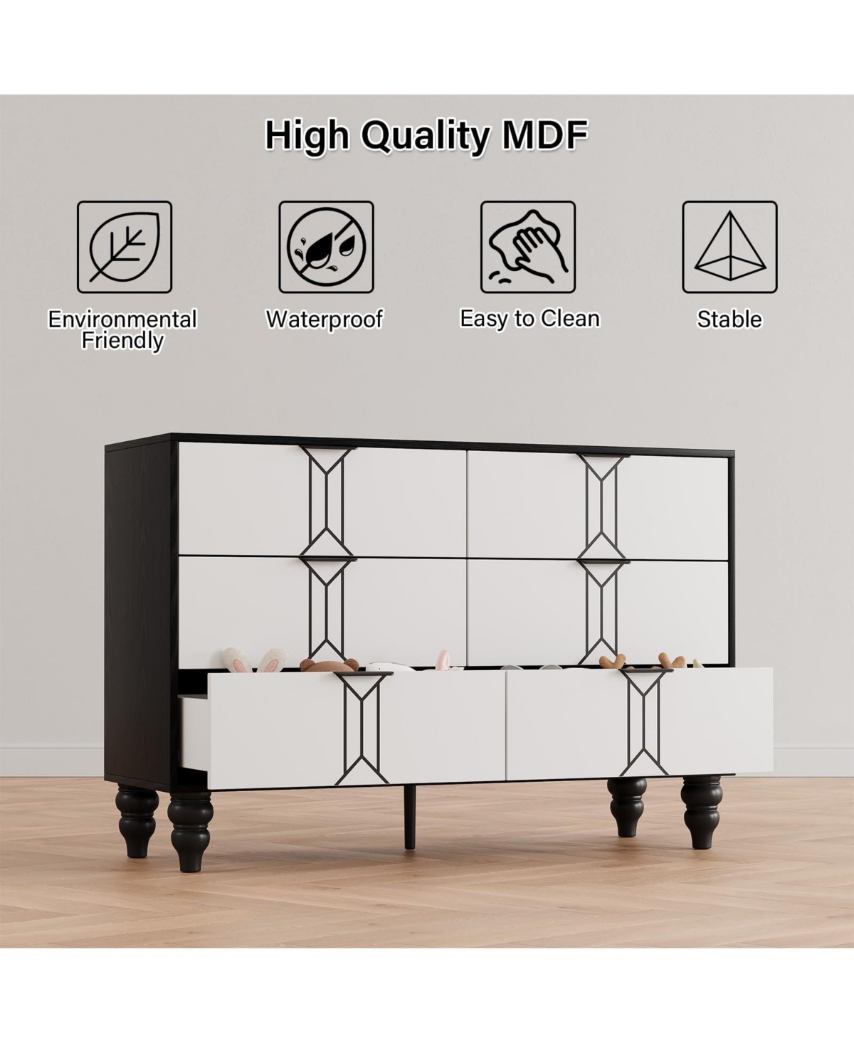 gaomon 6 Drawer Dresser With Deep Drawers For Bedroom, Modern Wooden Chest Dresser With Deep Drawers With Vintage Pattern Design，Black and Whit