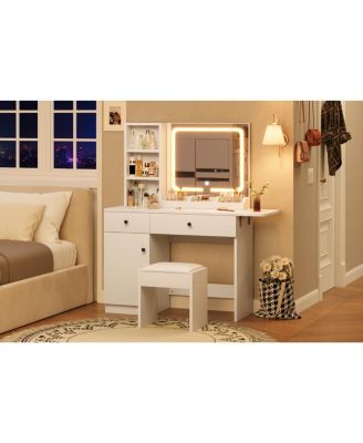 Vanity Desk with LED Lighted Mirror & Power Outlet, Makeup Vanity with Drawers & Cabinet & Chair