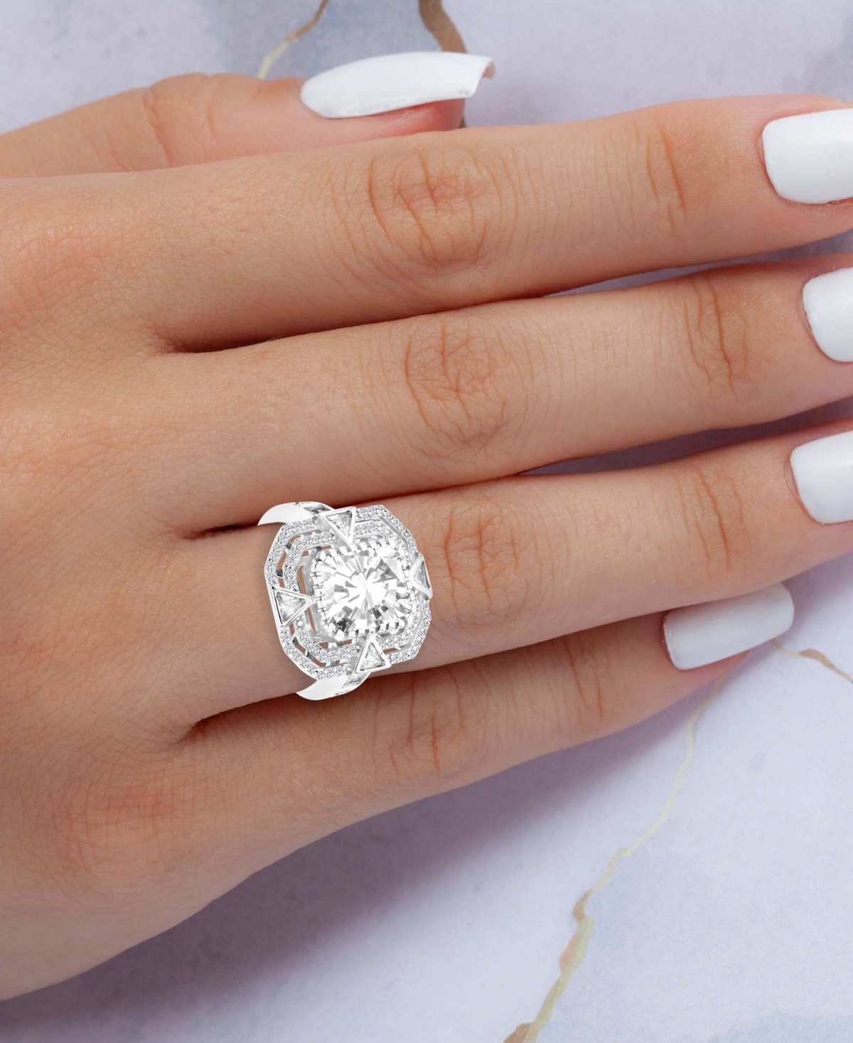 Macy's Cubic Zirconia Mixed Cut Double Halo Statement Ring In Sterling Silver In Rhodium