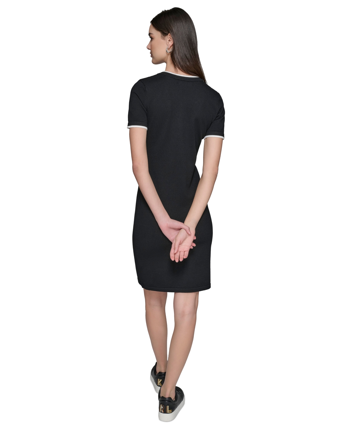 Karl Lagerfeld Paris Women's Embroidered Logo V-Neck T-Shirt Dress - Black  White