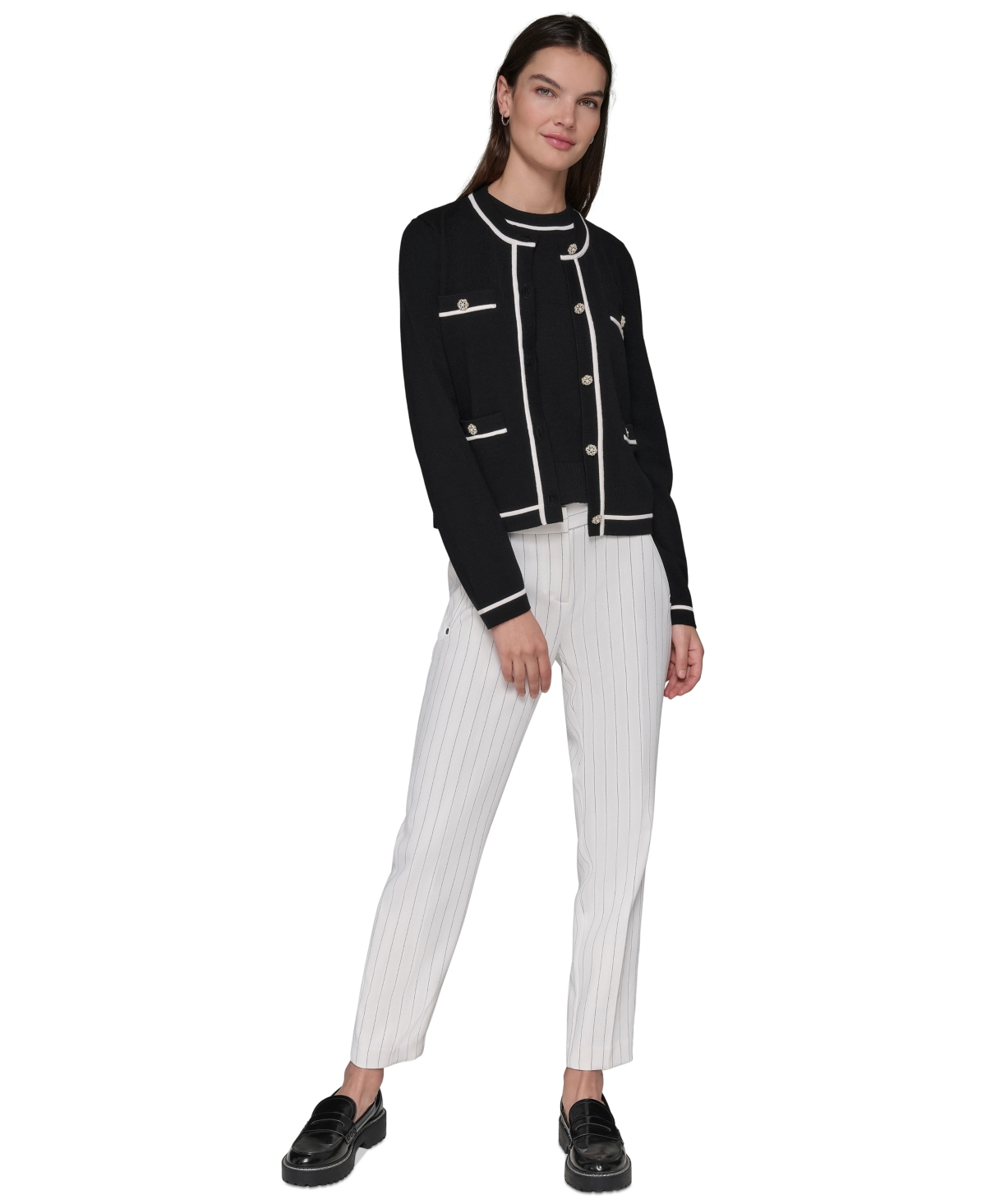 Karl Lagerfeld Petite Embellished-button Tipped Cardigan Sweater In Black