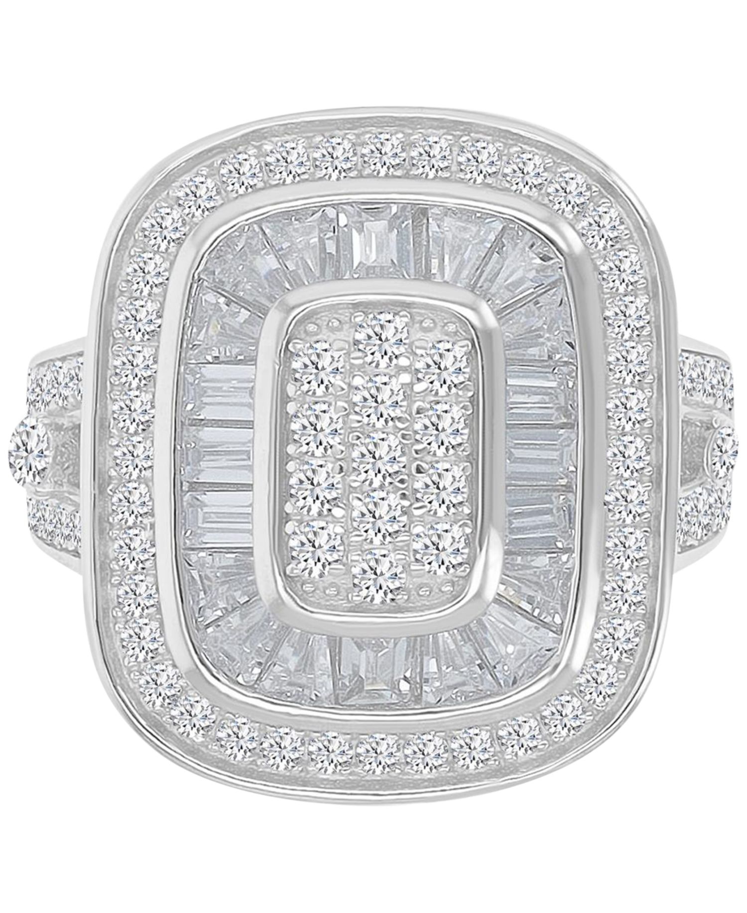 Cubic Zirconia Round & Baguette Halo Cluster Statement Ring in Sterling Silver