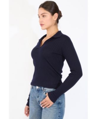 Women's Tissue Weight Cashmere Silk Rib-knit Johnny Collar Polo Sweater