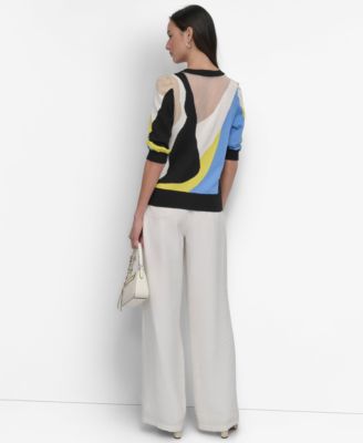 DKNY Women's Colorblocked Sweater & Twill Pull-On Wide-Leg Pants