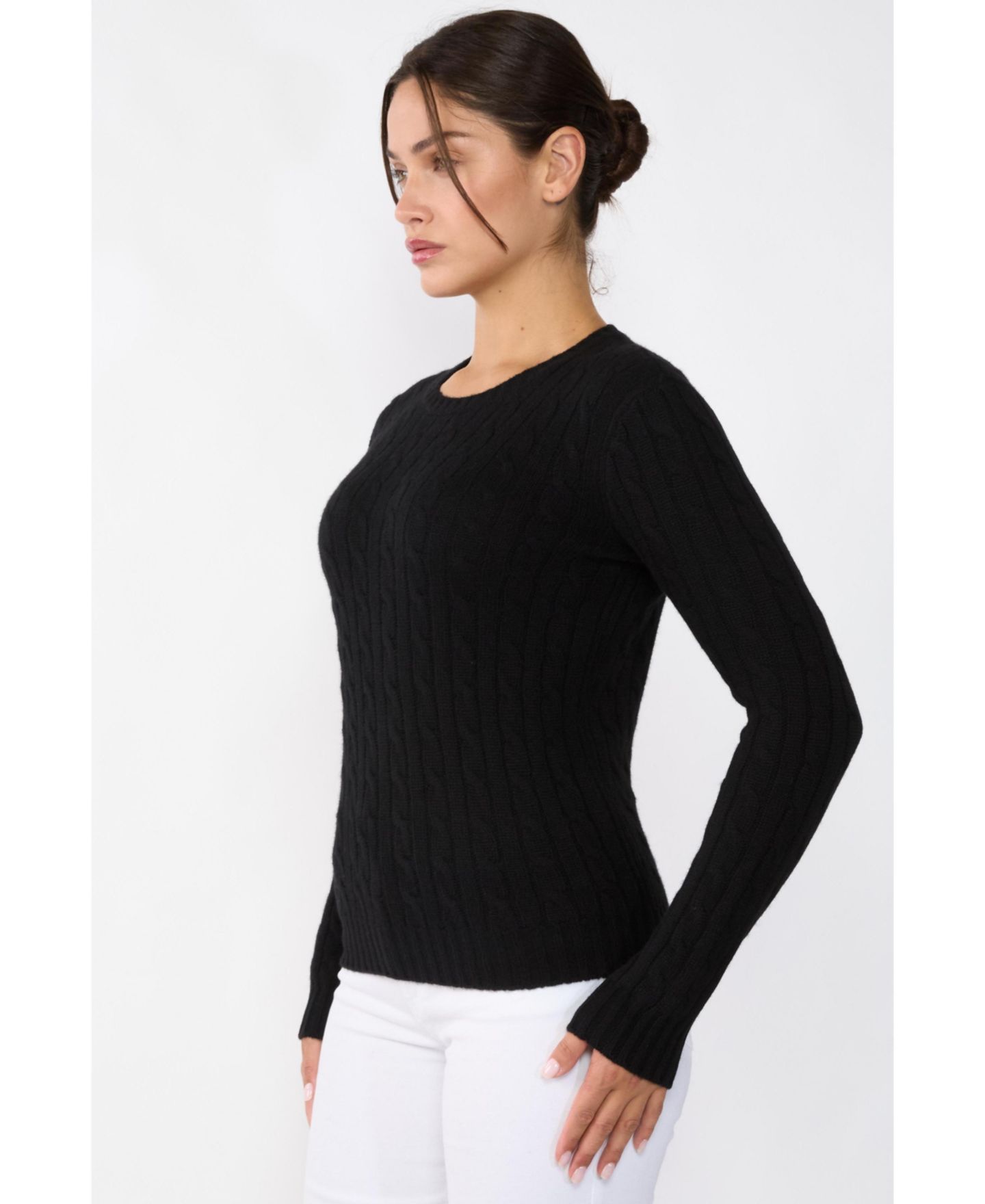 Женский свитер JENNIE LIU 100% Cashmere Crewneck Sweater Chuncky Cashmere Cable-knit Sweaters, цвет: Чёрный — фото 2