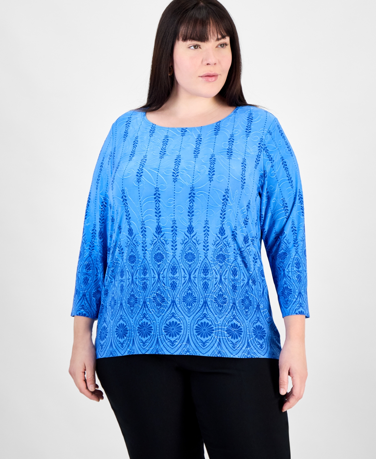 JM COLLECTION PLUS SIZE PRINTED JACQUARD SCOOP-NECK TOP, EXCLUSIVELY AT MACY'S 