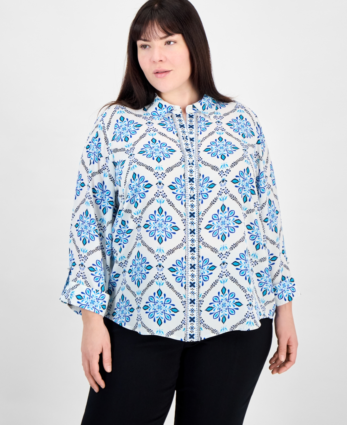 JM COLLECTION PLUS SIZE EMBELLISHED-PLACKET BUTTON-FRONT SHIRT, EXCLUSIVELY AT MACY'S 