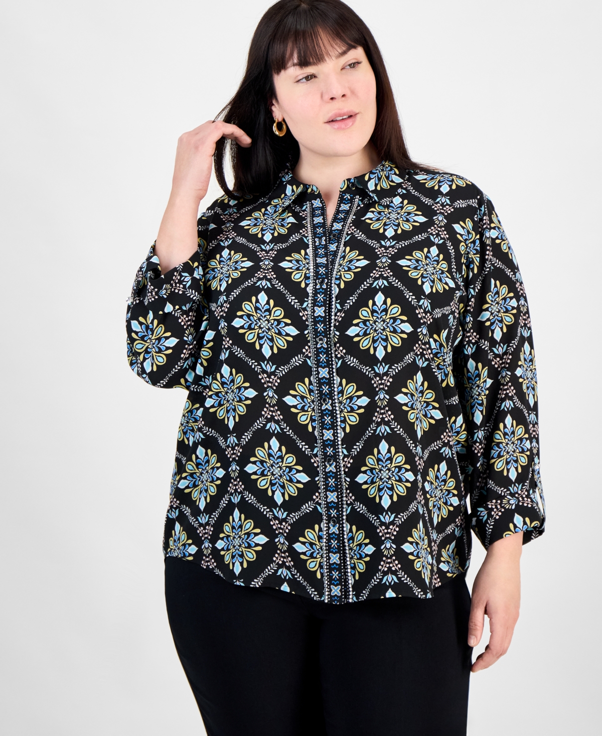 JM COLLECTION PLUS SIZE EMBELLISHED-PLACKET BUTTON-FRONT SHIRT, EXCLUSIVELY AT MACY'S 