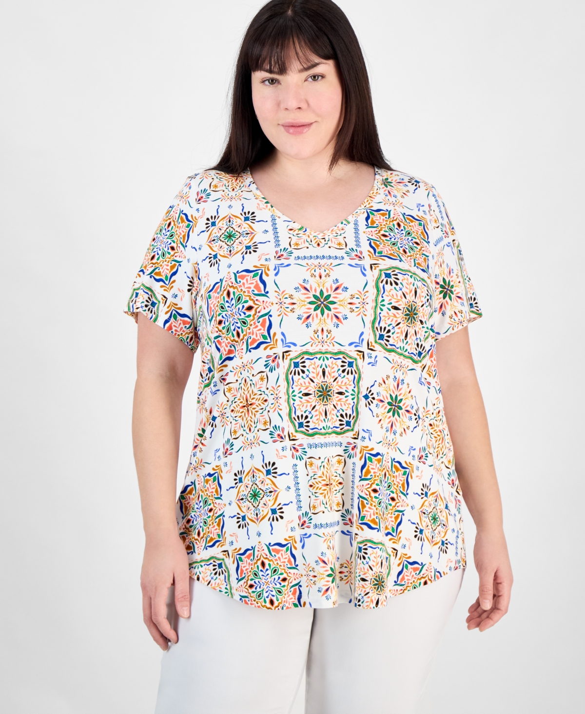 JM COLLECTION PLUS SIZE V-NECK SHORT-SLEEVE TOP, EXCLUSIVELY AT MACY'S 
