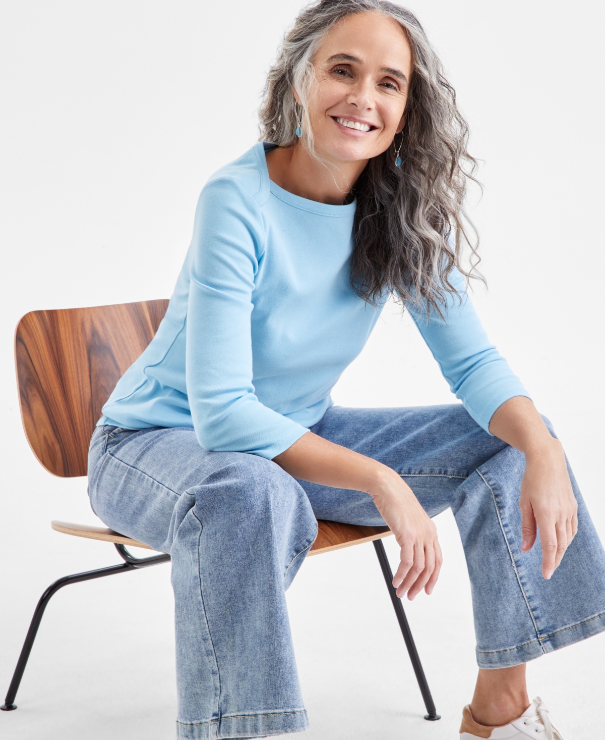 Style & Co Women's Petite Pima Cotton 3/4-Sleeve Boat-Neck Top, Created for Macy's - Blue Poppy