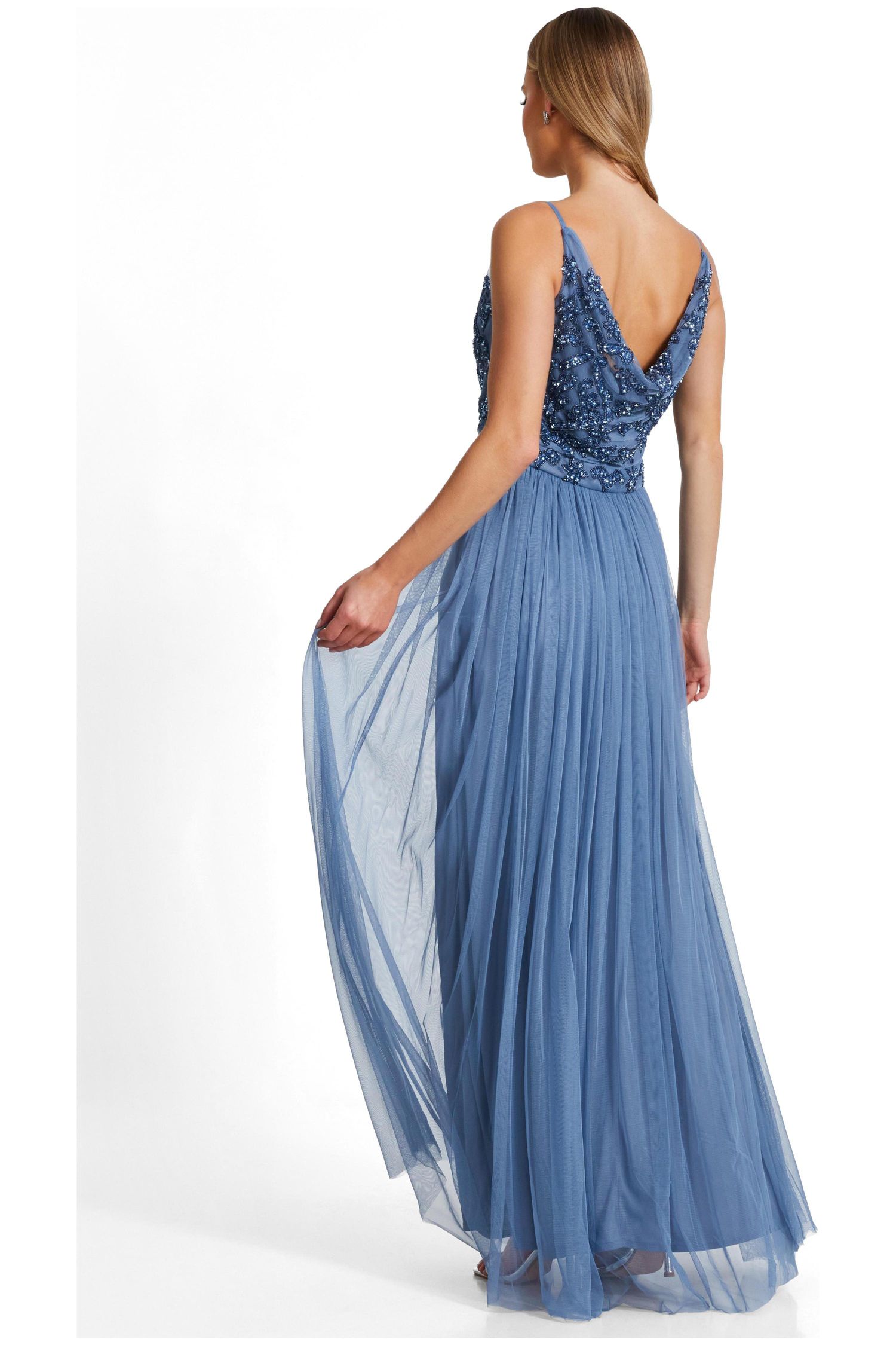 Women's Mesh Cowl Neck Beaded Maxi Dress