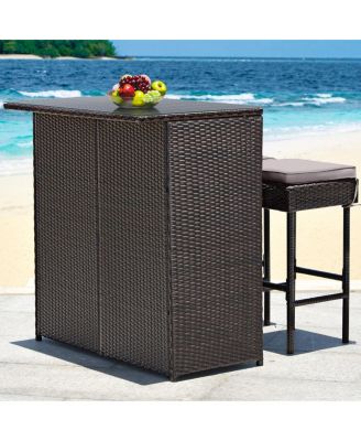 3 Pieces Patio Rattan Wicker Bar Table Stools Dining SetOff