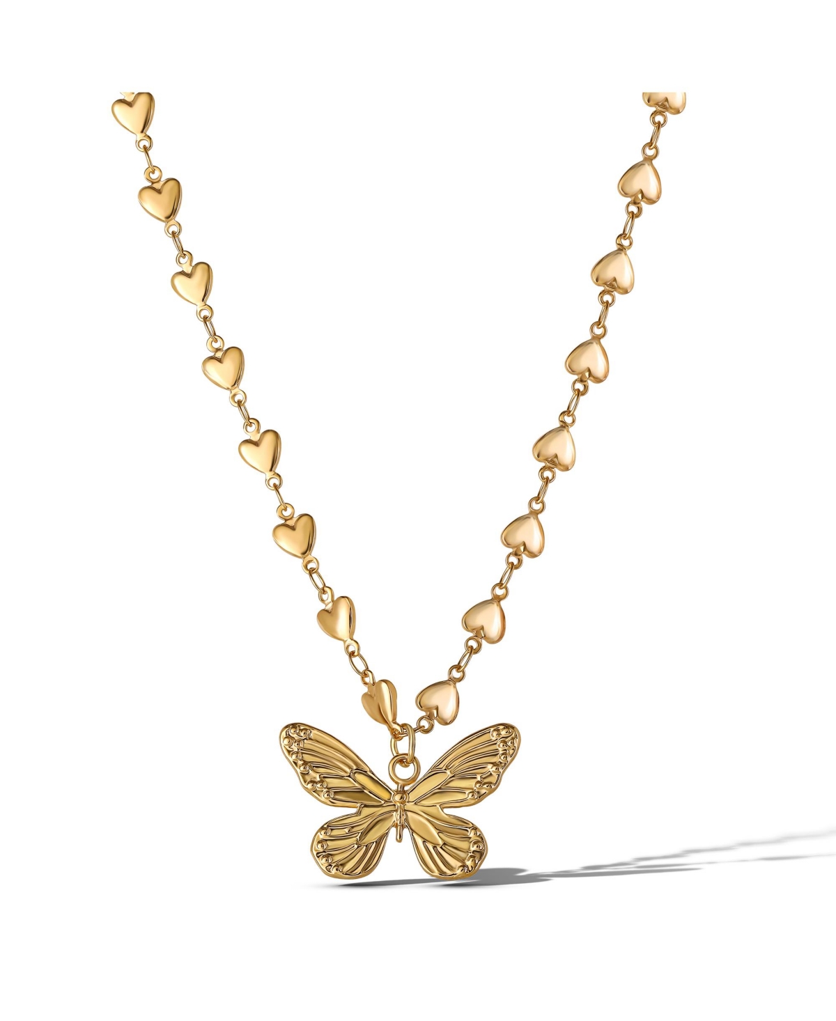 Heart Chain Butterfly Pendant Necklace - Gold tone