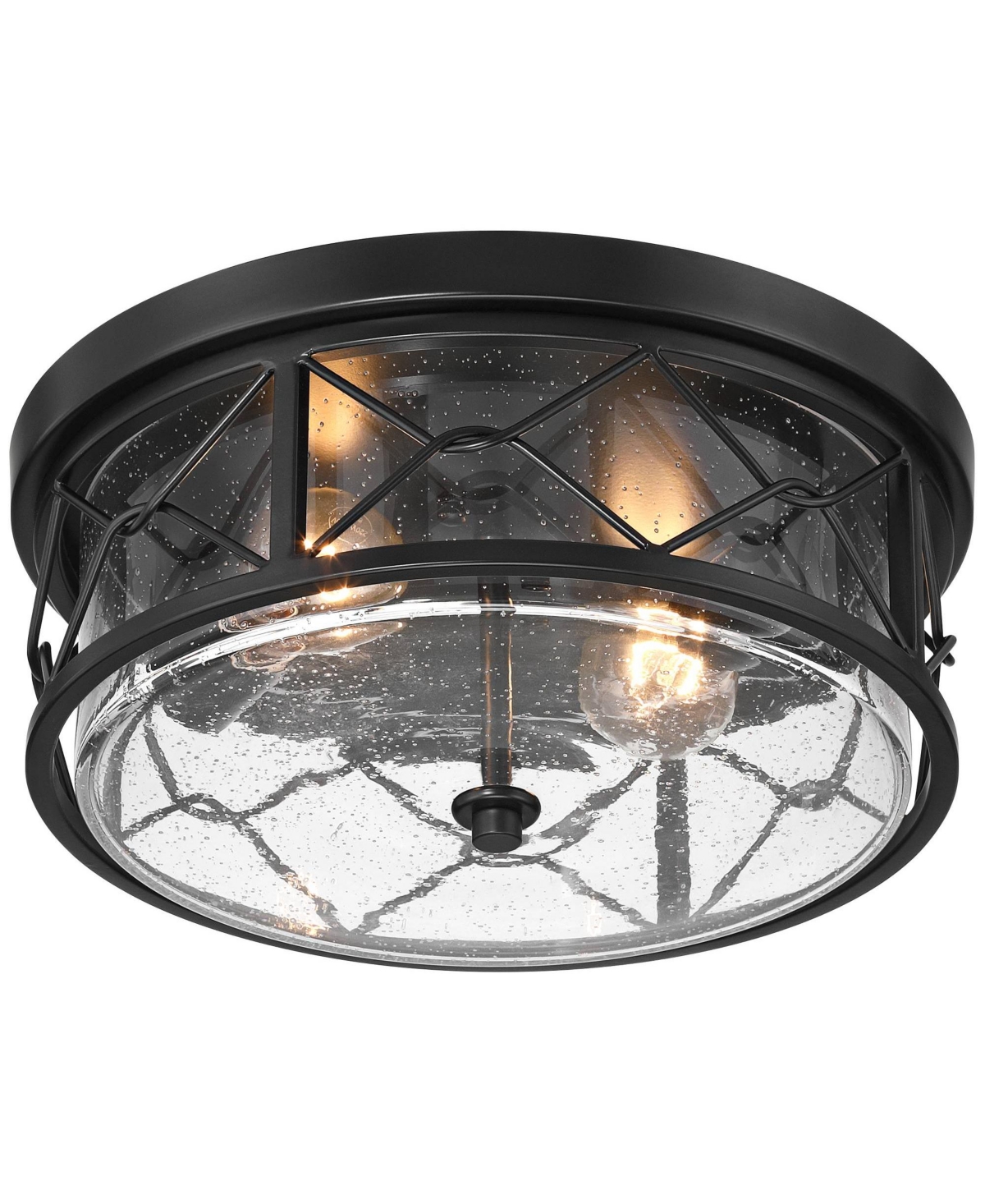 Franklin Iron Works Quincy Industrial Flush-Mount Ceiling Light Fixture Kitchen Foyer Hallway Round Drum 2-LightClear Seeded Glass Bedroom