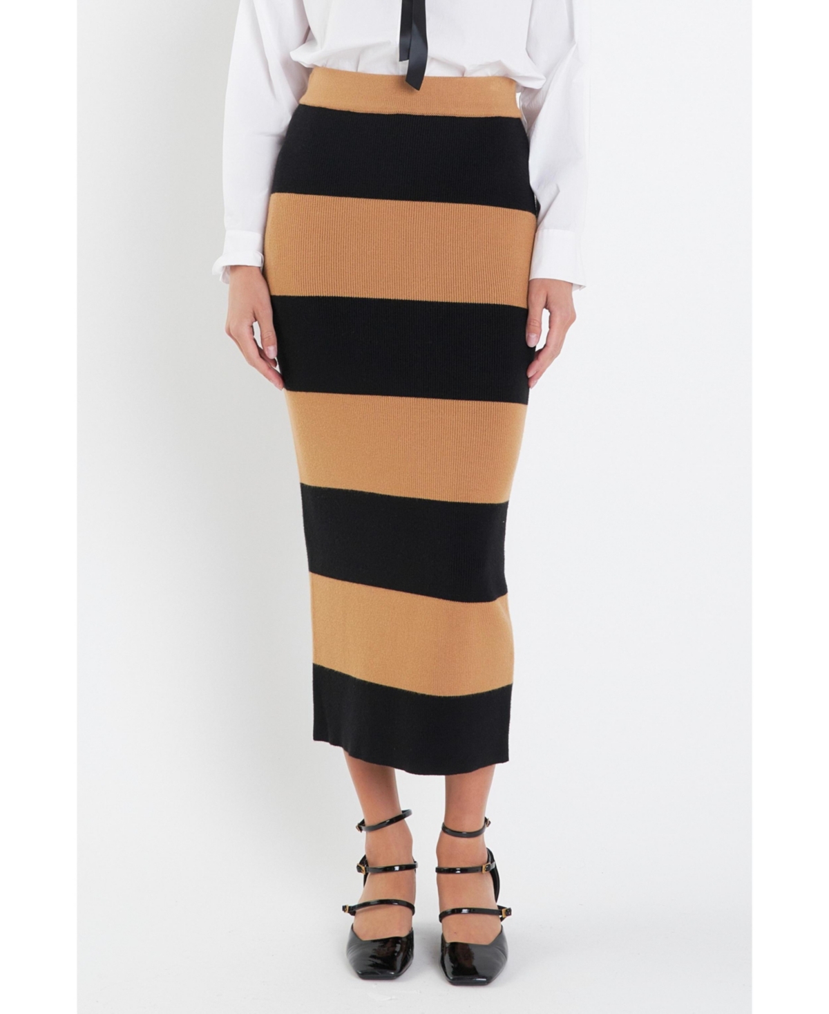 English Factory Women's Striped Knit Midi Skirt -black