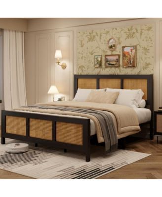 King Size Rattan Bed Frame with Headboard, Black Boho Cane Platform Bed Frame with Strong Metal Slat, Noise Free, No Box Spring Needed