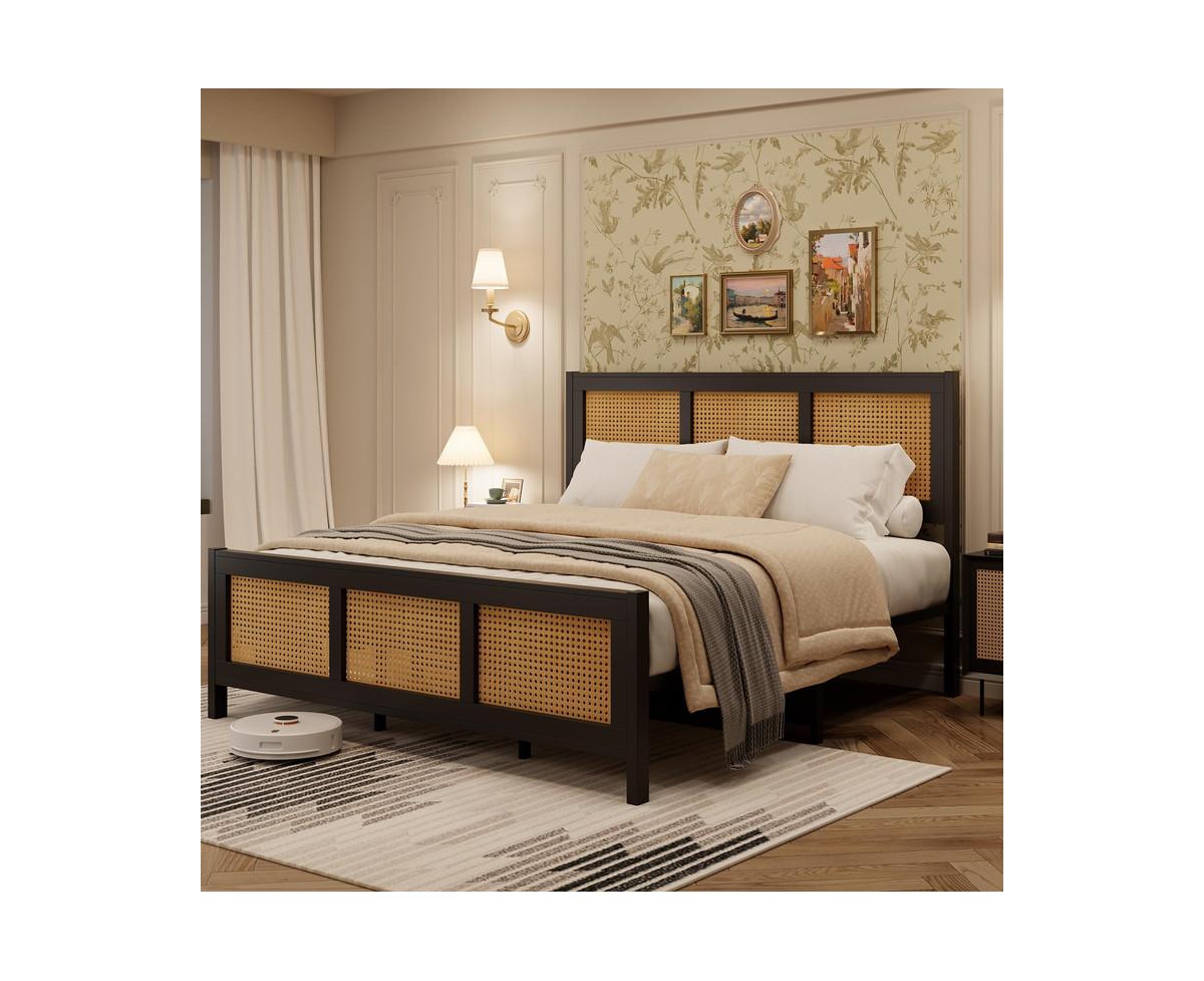 gaomon Size Rattan Bed Frame with Headboard,Boho Cane Platform Bed Frame with Strong Metal Slat, Noise Free, No Box Spring Needed - Black