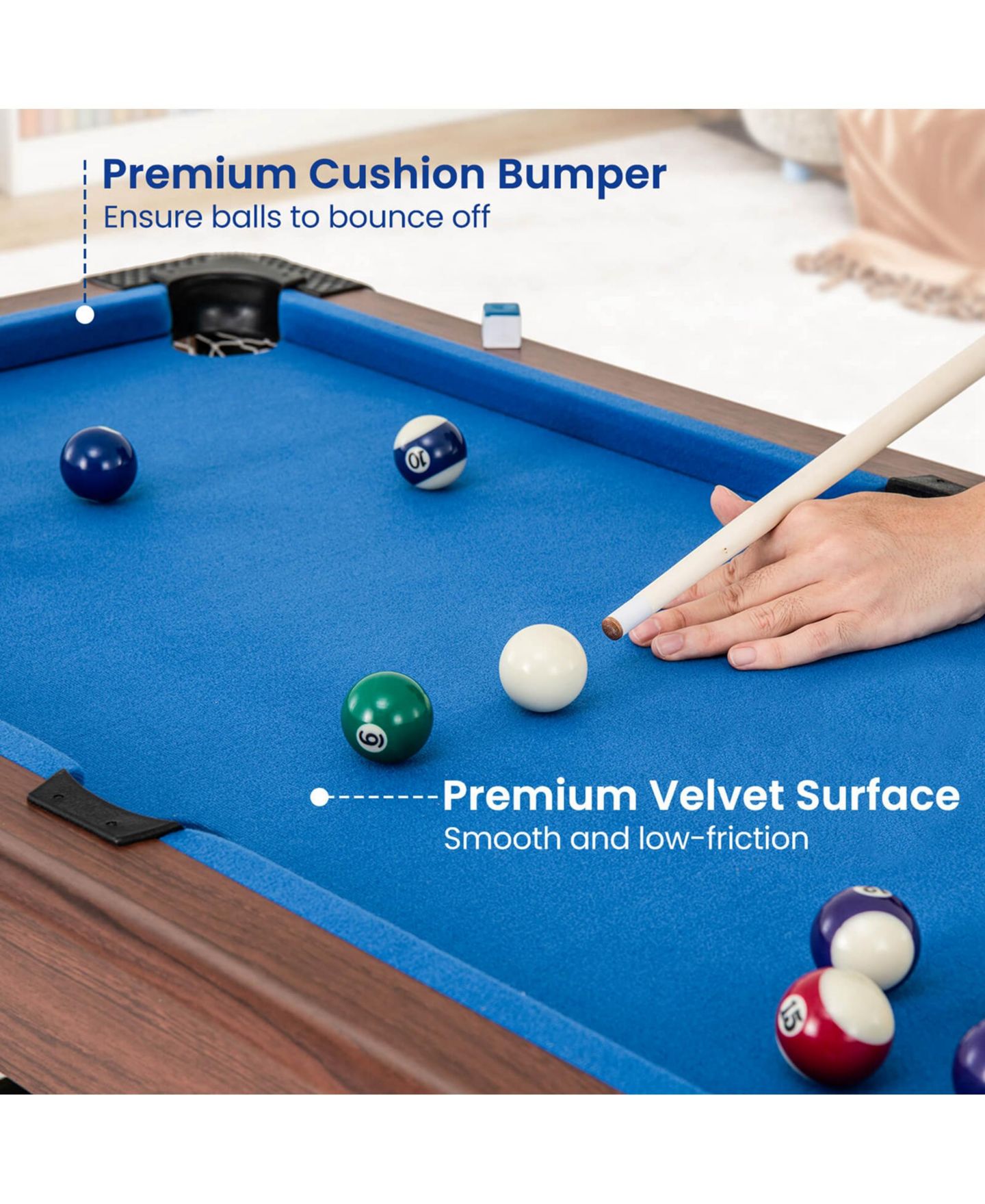 Детские игрушки Costway 48" Pool Table for Kids Adults with Full Set of Balls 2 Cue Sticks 2, цвет: Синий — фото 8