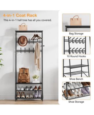 70.8" Wood & Metal Hall Tree Entryway Bench with 10 Hooks, Shoe Rack & Storage Organizer