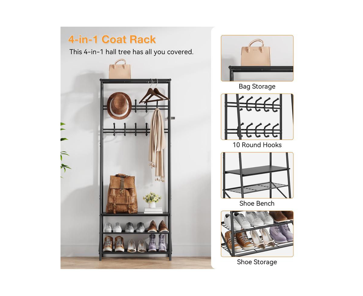 gaomon Coat Rack Shoe Bench with 10 Hooks, Hall Trees Entryway Bench with Storage, Multifunctional Hallway Organizer, Wood Look Accent Furniture with