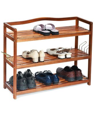 3-Tier Acacia Wood Shoe Rack with Side Metal Hooks