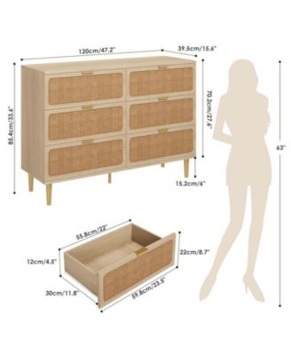 Rattan 6 Drawer Dresser for Bedroom with Wide Top, Large Double Dresser for Closet with Deep Drawers, Wooden Chest of Drawer for Living Room, Entryway, Hallway, Kids Room