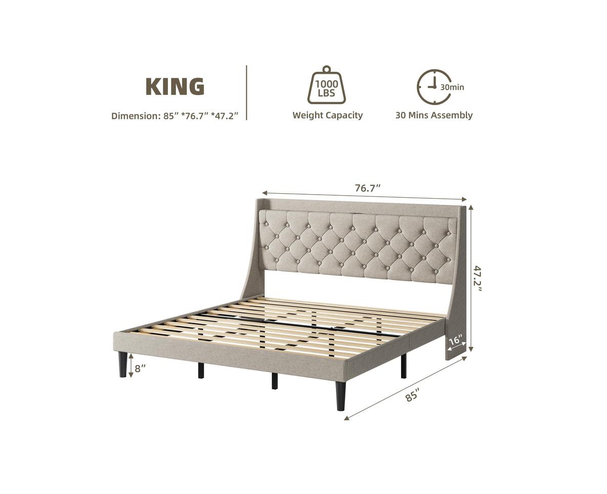 gaomon Size Bed Frame with Upholstered Wingback Headboard, Luxurious Linen Upholstery Platform Bed with Charging Station, Button Tufted Design, N