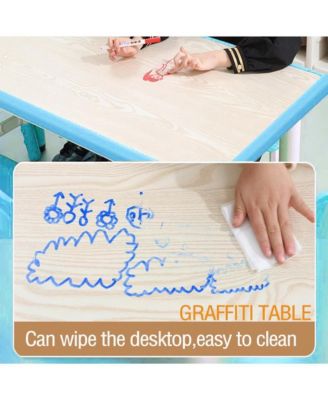 Kids Table and Chairs Set, Toddler Height Adjustable Desk with Graffiti Desktop, Arts & Crafts Table With 6 Seats, Non-Slip Legs, Max 300lbs