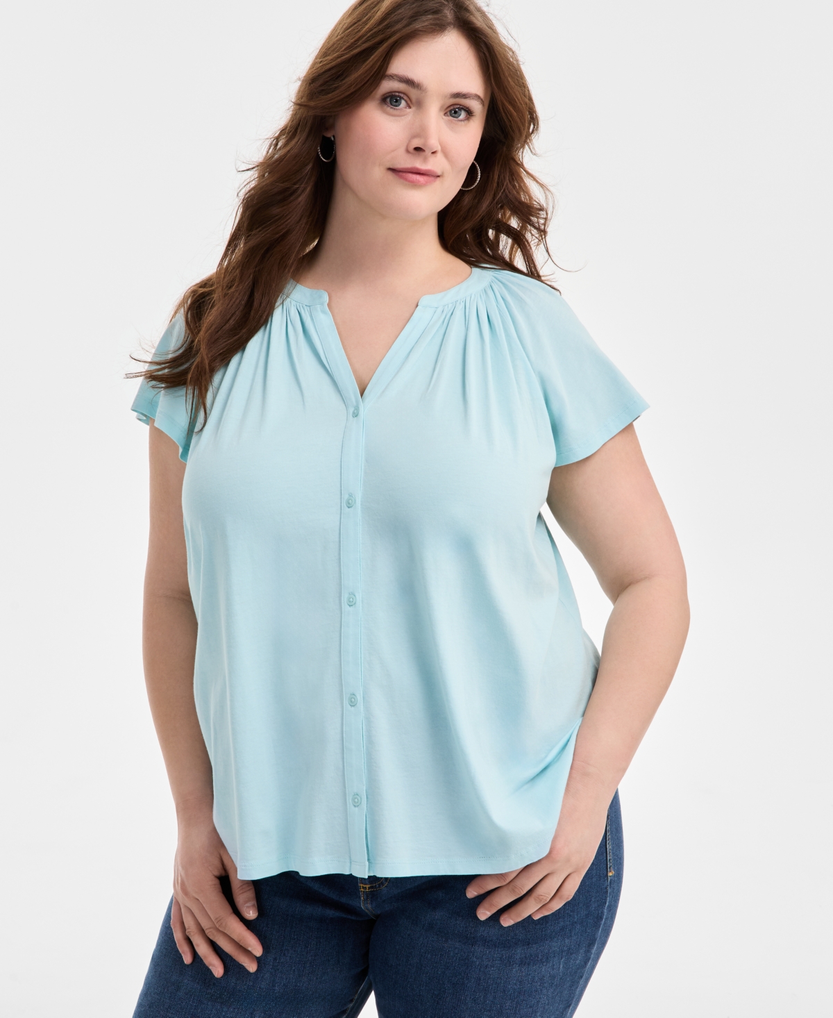 Style & Co Plus Size Flutter-sleeve Top, Exclusively At Macy's In Aqua Water