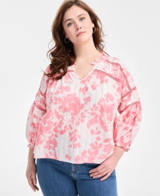 Style & Co - Plus Size Alice Floral-Print Openwork Split-Neck Top