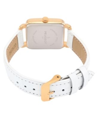 Women's 14K Gold Plated Square Dress Watch with European Crystals and White Leather Band