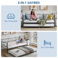 Twin Daybed with Trundle, Day Bed with Trundle Bed Twin, Twin Size Mattress Foundation with Steel Slat Support for Kids Teens Adults Living Room