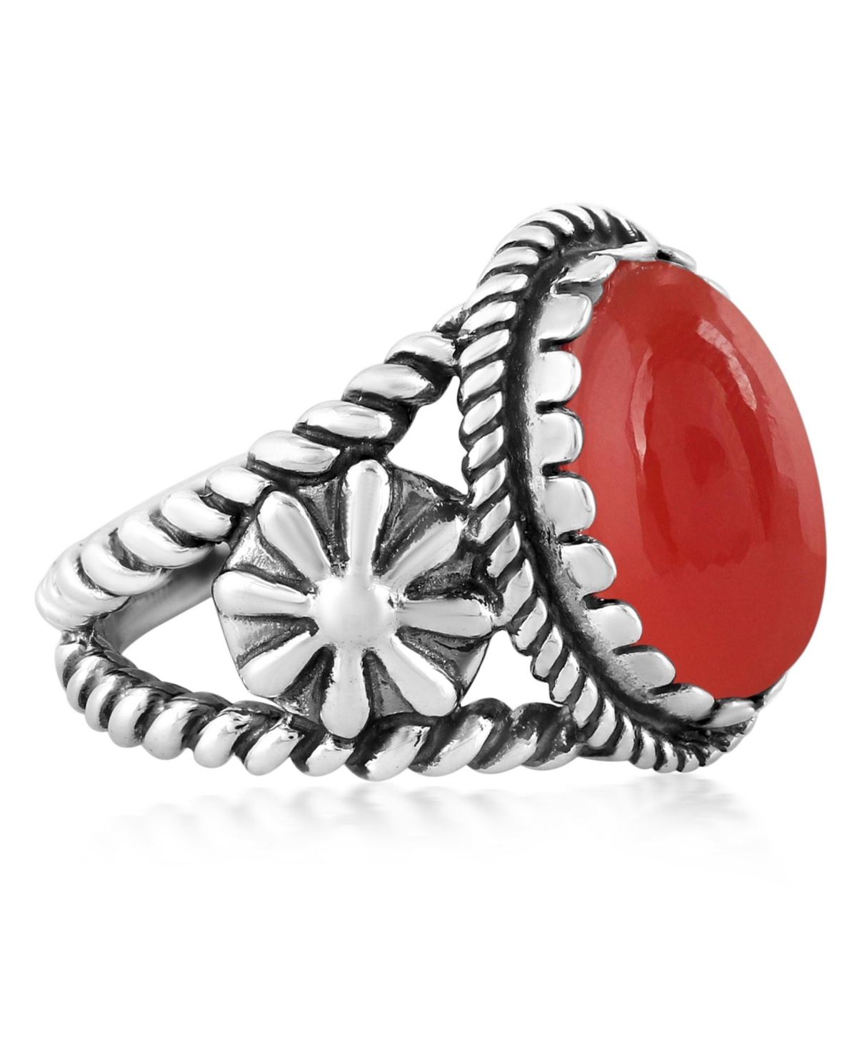 American West Jewelry Sterling Silver Red Onyx Concha Flower Design Ring