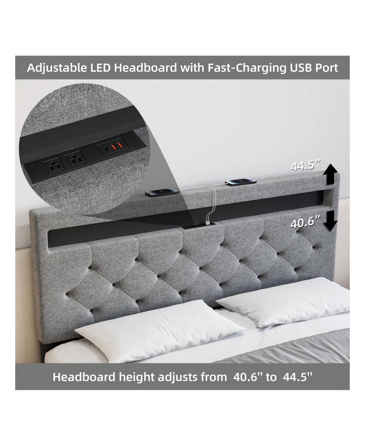 gaomon Full/Queen Size Bed Frame With Led Lights Headboard, Led Bed Frame With Fast-Charging Usb Port, Upholstered Platform Bed Frame