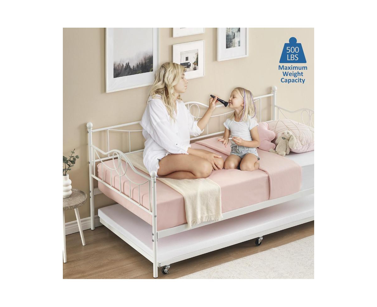 gaomon Daybed with Trundle, Modern Pull Out Day Bed Frame with Vintage Headboard, Metal Daybed with Sturdy Slat Support, for Small Spaces, Kids R