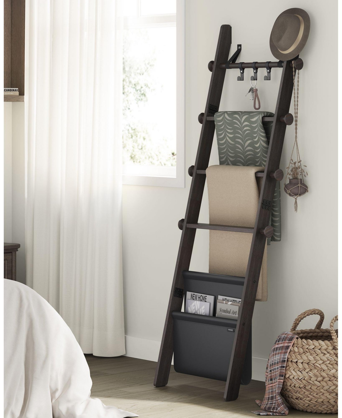 Slickblue 5-Tier Wooden Blanket Ladder for Living Room, Stylish Ladder Shelf for Storage