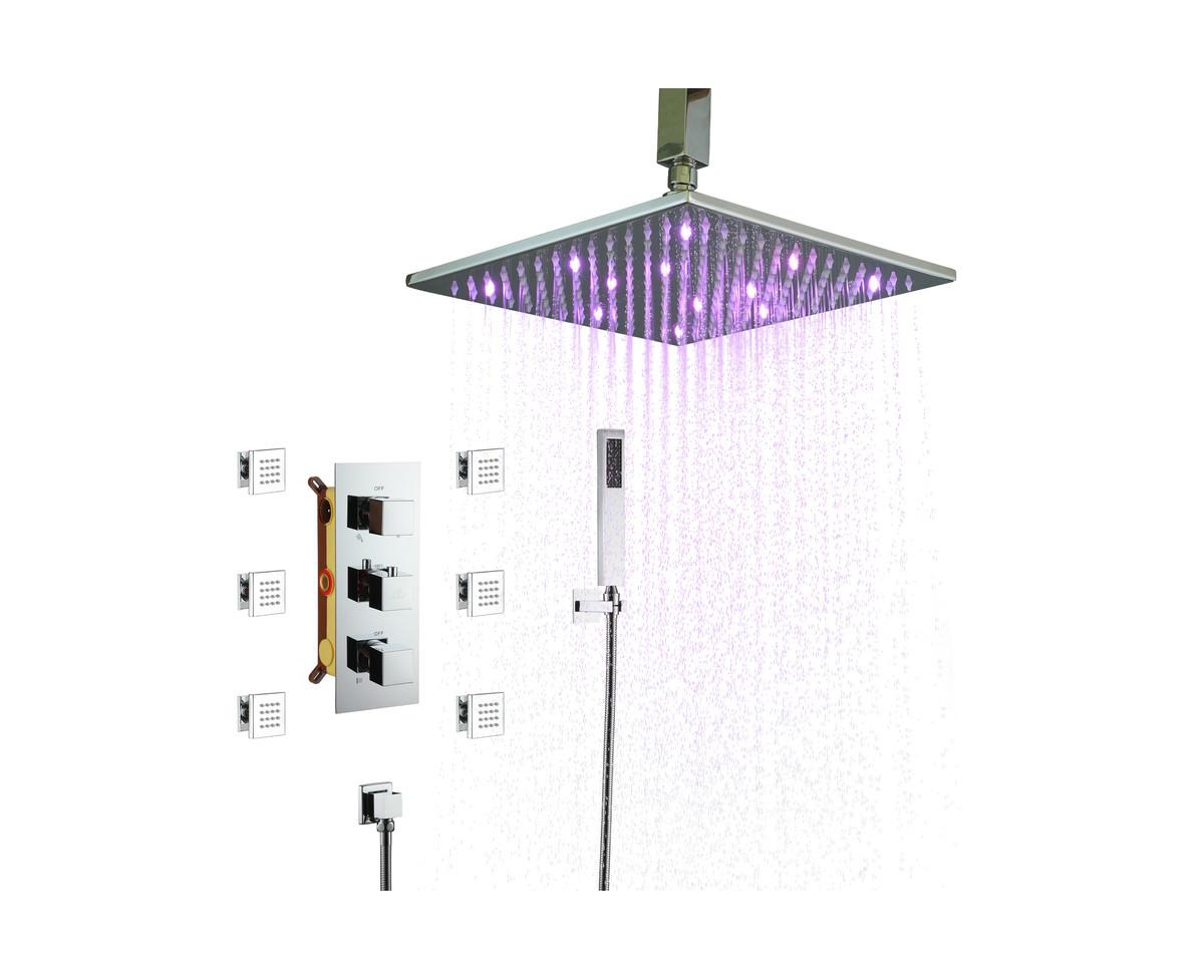 Casainc 3-Function Luxury Ceiling Mount Inch Led Thermostatic Shower System with 6 Body Jets