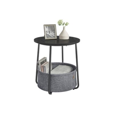 Small Round Side Table with Fabric Storage Basket for Living Room or Bedroom