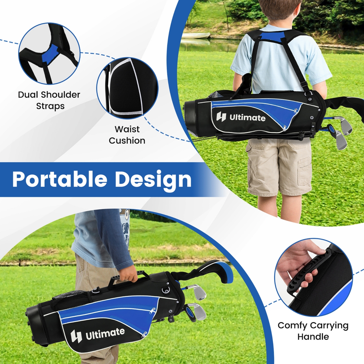 Gymax 31'' Portable Junior Complete Golf Club Set for Kid Age 8+ Set of 5 - Blue+black