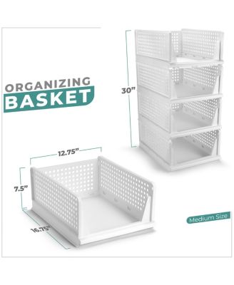4 Tier Medium Open Front Plastic Stackable Baskets Stand - for closets, bedrooms, bathrooms, or pantries