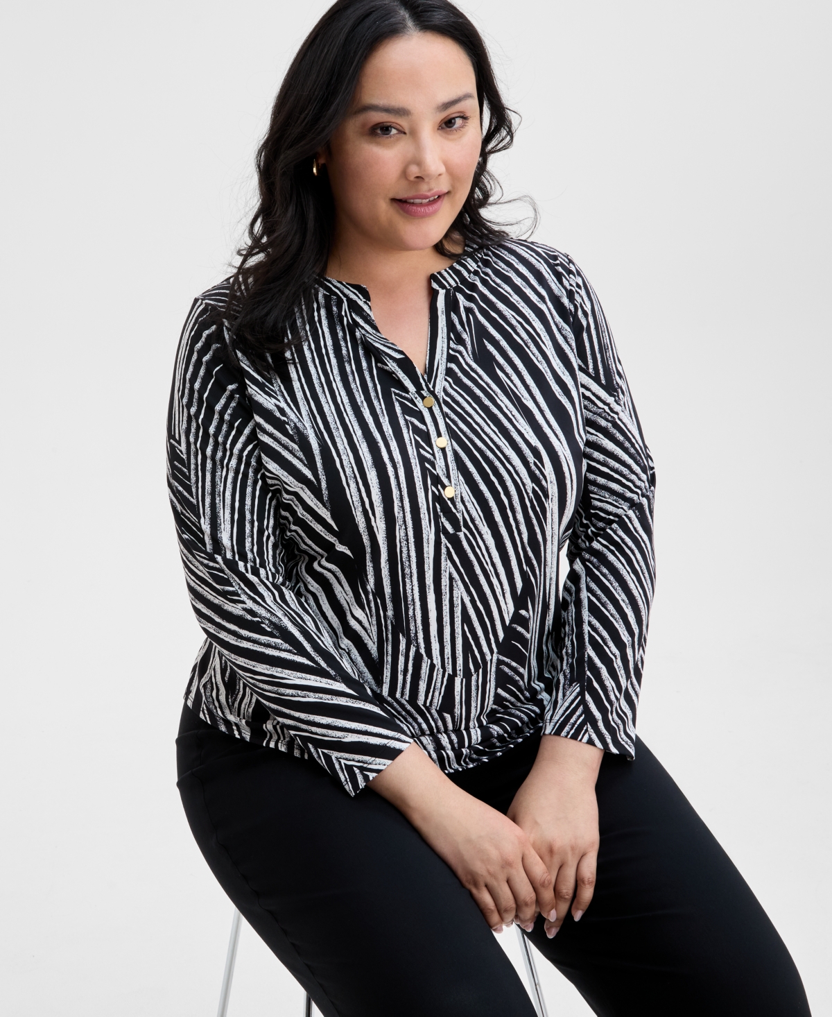 Inc International Concepts Inc Plus Size Printed Split-neck Top, Exclusively At Macy's In Pia Stripe